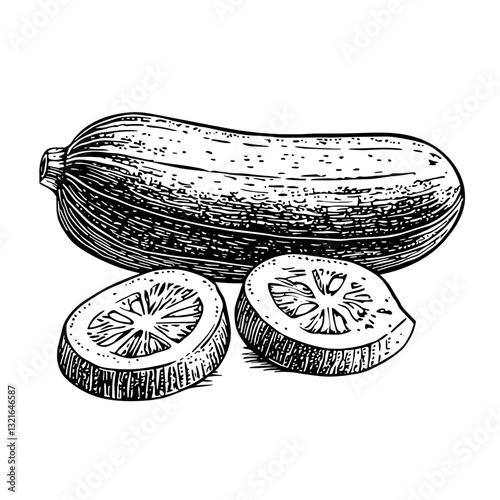 Intricate engraved vector illustration featuring zucchini and lemon slices for creative tattoo and packaging design