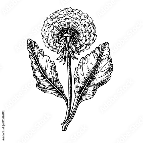 Intricate engraving of a dandelion flower with detailed leaves, perfect for tattoo designs and elegant packaging