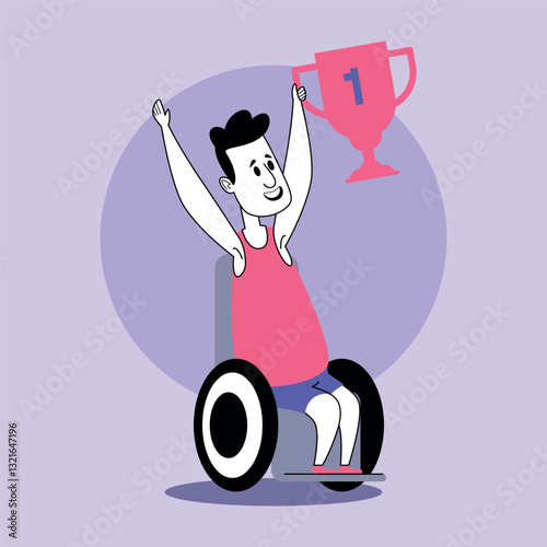 Wheelchair athlete with big smile raising trophy in joy. Celebration and achievement after competitive event concept
