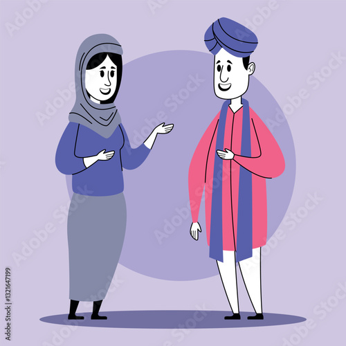 Two individuals engaging in joyful conversation while dressed in traditional clothing. Woman wearing hijab and man sporting turban, showcasing their cultures