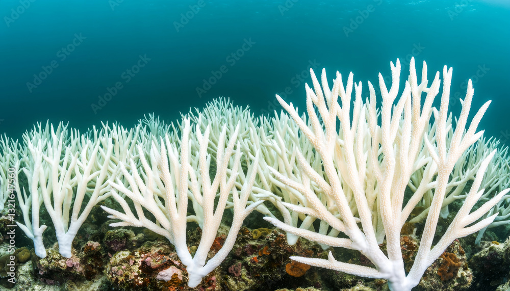 Naklejka premium Global warming. Bleached coral reef underwater, showcasing environmental impact