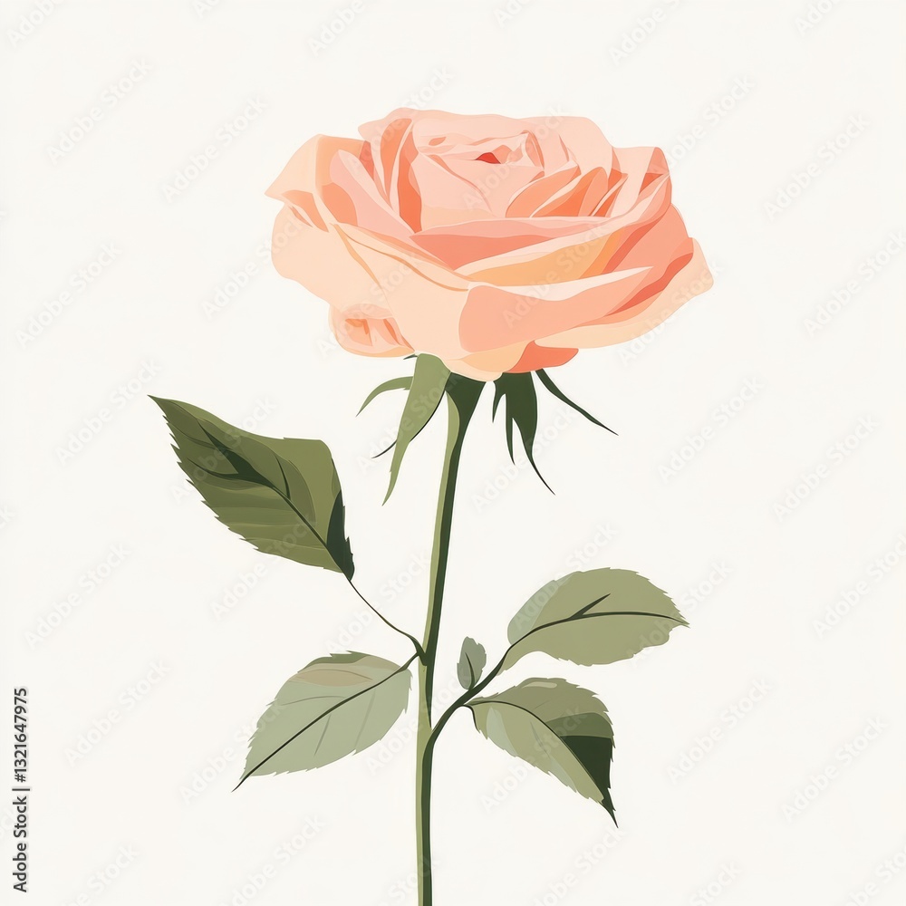 Beautiful detailed illustration of a single rose in soft peach color with vibrant green leaves on a light background, ideal for floral-themed designs and prints. Beautiful detailed illustration of a single rose in soft peach color with vibrant green leaves on a light background, ideal for floral-themed designs and prints.