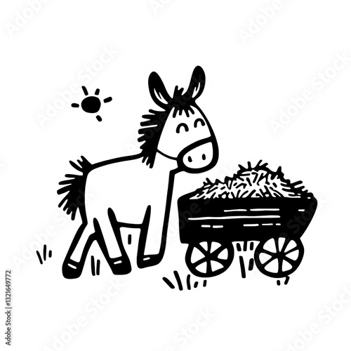 Engraved illustration of a cheerful donkey pulling a cart filled with hay under a sunny sky for creative tattoo ideas