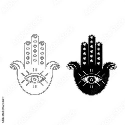 Minimalist Hamsa Hand icon with Eye of Providence in black and white variations. A symbol of protection, luck, and spirituality
