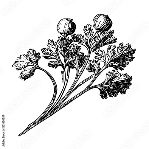 Intricate engraved illustration of coriander sprigs with seeds, ideal for tattoo design or vintage-inspired packaging