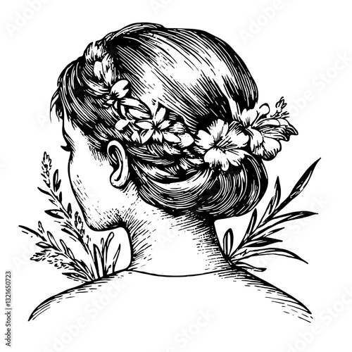 Elegant botanical tattoo design showcasing a young woman with a floral crown, perfect for artistic expression and unique packaging décor