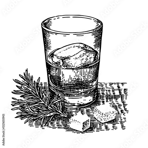 Engraved vector illustration featuring a refreshing drink with rosemary and sugar cubes on a rustic table