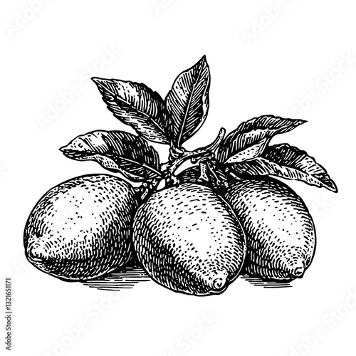 Three intricately engraved lemons with lush leaves, perfect for tattoo designs or packaging illustrations
