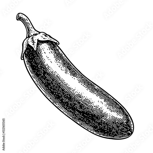 Elegant engraved eggplant illustration designed for tattoo art and packaging, showcasing intricate line work and natural form