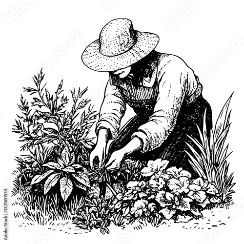 Engraved illustration of a gardener tending to vibrant flowers in a sunlit garden surrounded by lush greenery