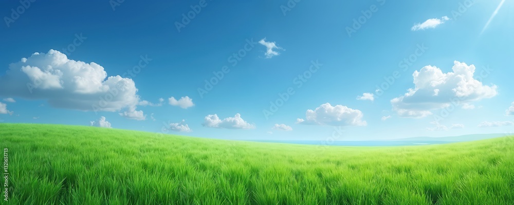 Scenic green grass field beneath bright blue sky with minimal fluffy white clouds. Summer landscape with open horizon ideal for tranquil, peaceful, idyllic, rural environmental themes. Beautiful