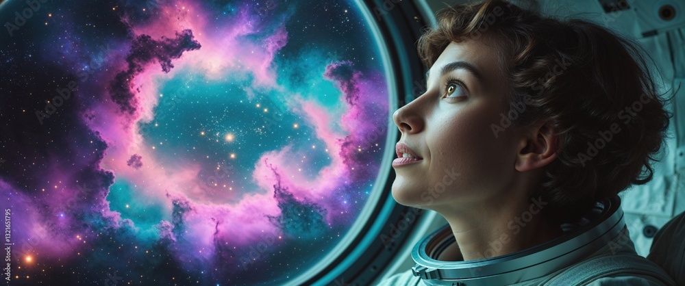 Naklejka premium An astronaut gazes in awe at the vibrant nebulae and celestial bodies outside their spacecraft's window, reflecting the beauty of the universe