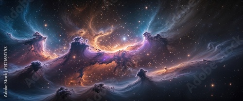 An intricate display of colorful cosmic clouds swirls across the dark expanse of space, highlighted by shimmering stars. This scene captures the beauty of the universe's awe-inspiring formations