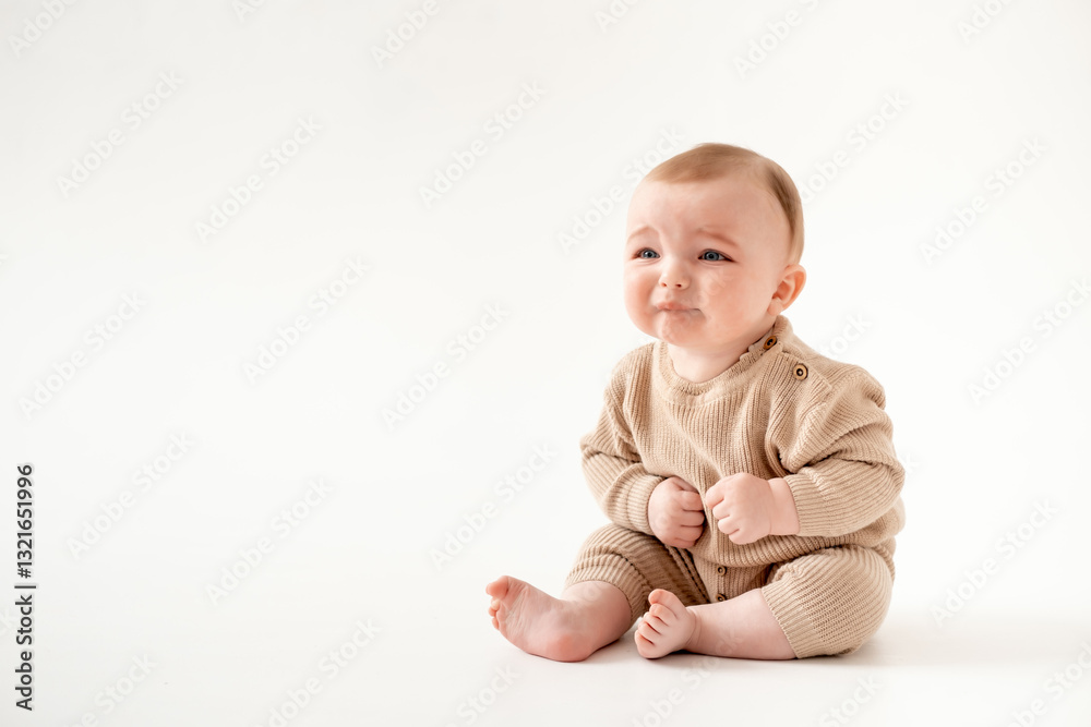 a crying baby on an isolated white background, a small boy crying or calling for his mother in a brown knitted suit a crying baby on an isolated white background, a small boy crying or calling for his mother in a brown knitted suit