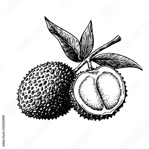 Engraved illustration of lychee fruit showcasing intricate details in a vector style for artistic projects
