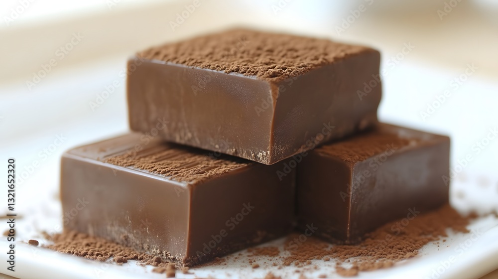 Dark chocolate squares dusted cocoa, dessert plate Dark chocolate squares dusted cocoa, dessert plate