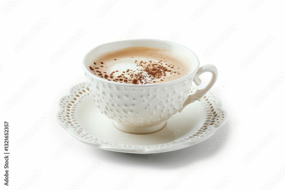 Cappuccino in white cup on saucer with cinnamon. Neural network AI generated Cappuccino in white cup on saucer with cinnamon. Neural network AI generated
