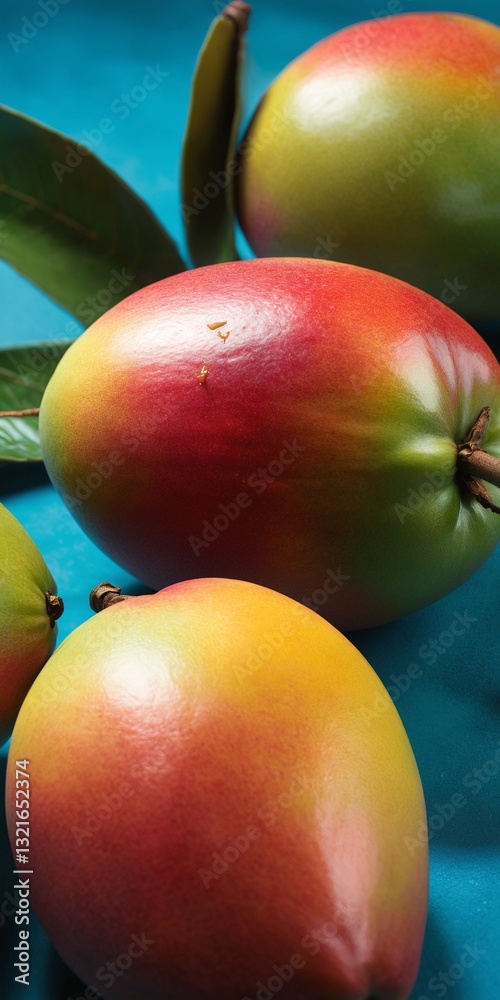 Fresh ripe mango fruits on blue background.