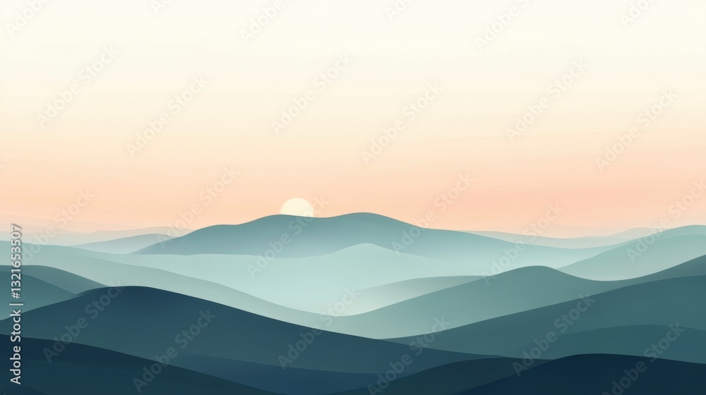 Obraz premium Tranquil Sunrise Over Rolling Hills in Soft Pastel Colors with Gentle Mist and Warm Light on a Serene Horizon