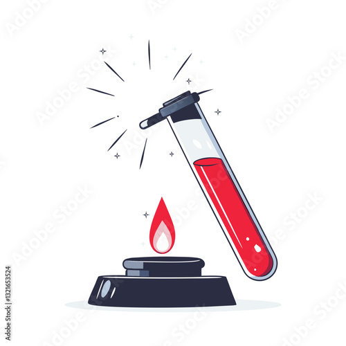 Vector illustration of a test tube with red liquid being heated over a flame, symbolizing chemistry, science experiments, and laboratory research.