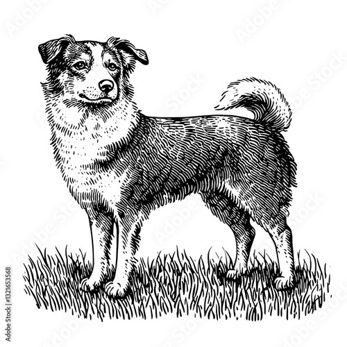 Engraved illustration of a playful dog standing proudly in a grassy field, perfect for tattoos and packaging designs