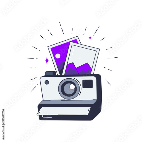 Vector illustration of a retro instant camera with developing photos, symbolizing nostalgia, photography, and creativity in a modern, minimal design.
