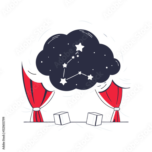 Vector illustration of a theatrical stage with red curtains unveiling a cosmic night sky featuring the Gemini constellation, blending astrology with a dramatic, celestial theme.
