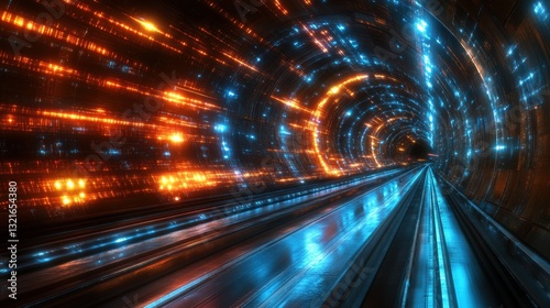 Futuristic tunnel, glowing lights, speed, travel, abstract background, sci-fi concept photo