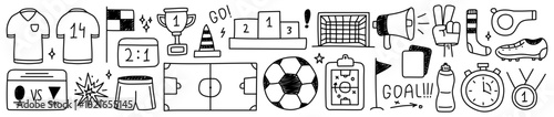 Hand-drawn football set. Football doodle icon set. Vector.