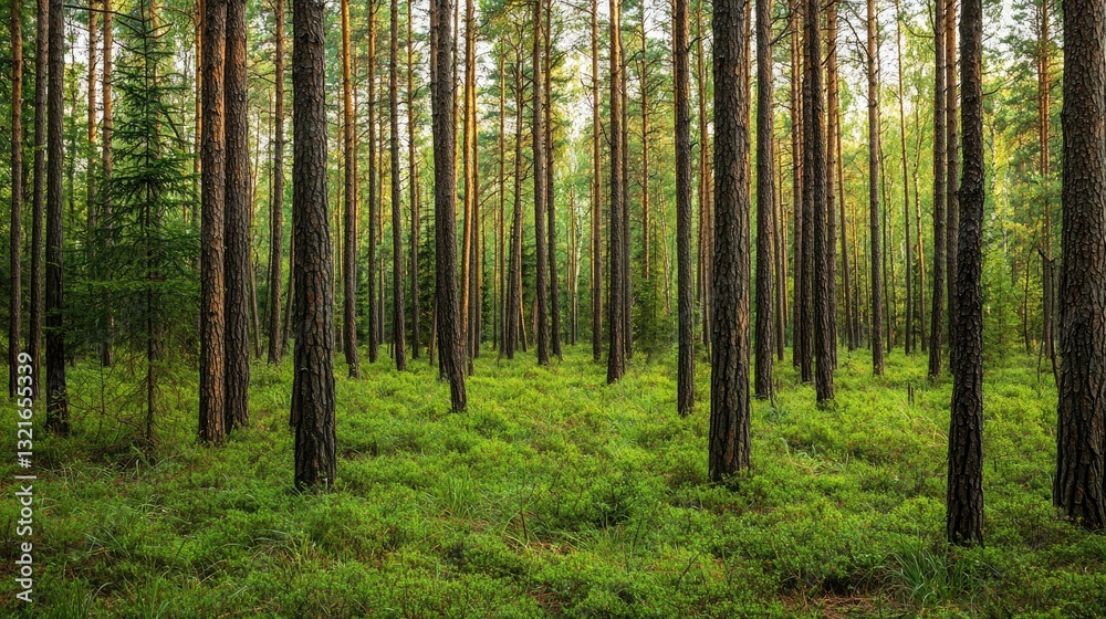 A dense pine forest background, perfect for a serene, natural theme A dense pine forest background, perfect for a serene, natural theme