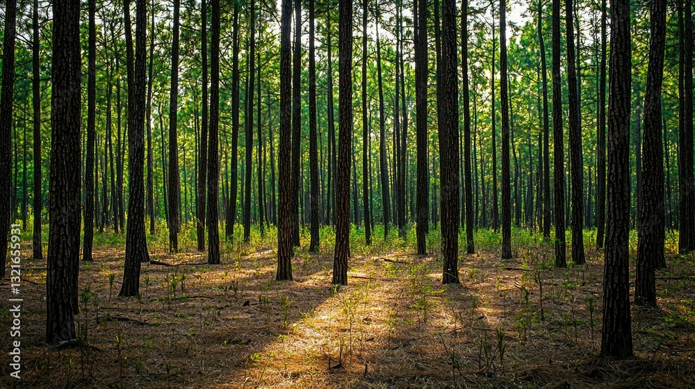 Obraz premium A dense pine forest background, perfect for a serene, natural theme