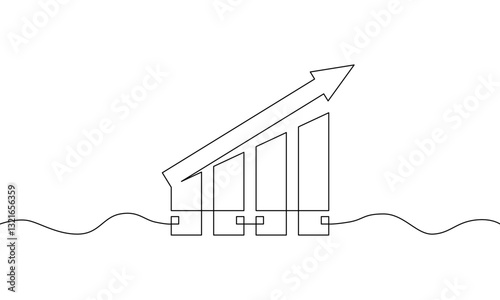 Continuous one line drawing of growing business graph. Flat design icon of upward trend arrow. succes symbol, financial increase. Single line art of bar chart