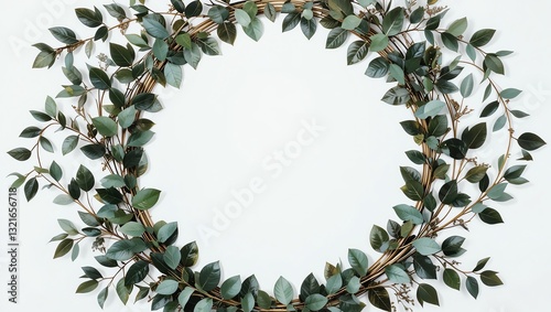 A beautiful circular arrangement of green leaves against a white background, perfect for botanical decor. photo