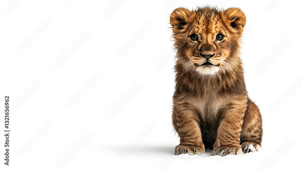 Obraz premium Adorable Lion Cub: Captivating close-up of a fluffy lion cub with its innocent gaze and endearing presence. A symbol of courage and royalty.