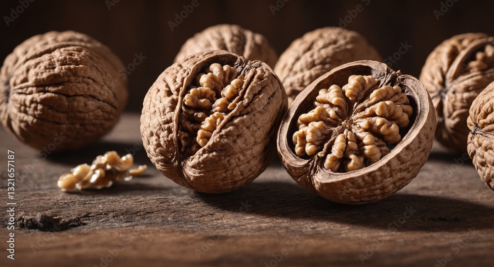Walnuts on wooden rustic table. Autumn harvest.