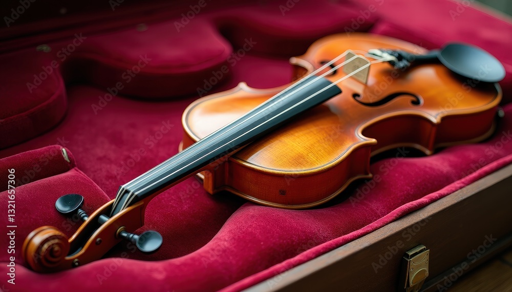 Fototapeta premium Vibrant Red Violin Case Against Blurred Background: Intricate Details Shine Through. A violin sits in a red case.