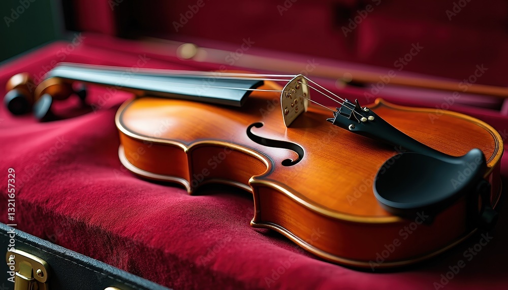 Obraz premium Vintage Violin in Red Velvet Box: m Contrast of Brown and Red Finishes. A violin sits in a red case.