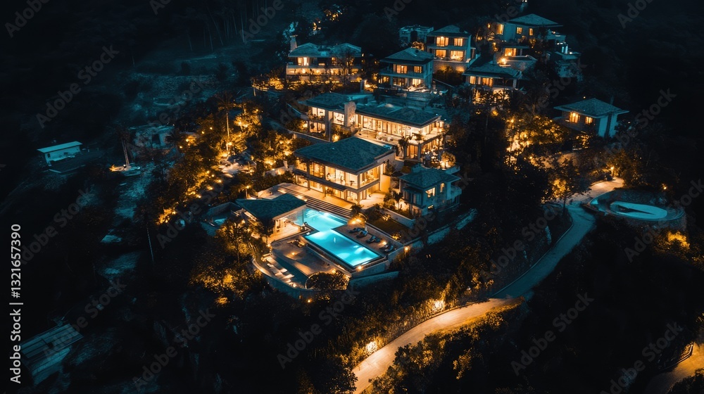 Naklejka premium Aerial view of a luxurious hillside resort at night, showcasing illuminated villas and serene pools surrounded by nature