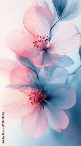 Blossoms of spring captured in soft pink and blue hues highlighting nature's beauty and tranquility