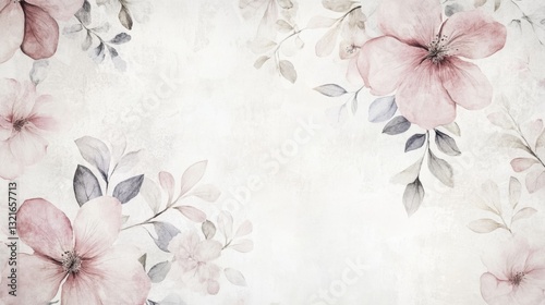 Soft and Elegant Floral Background with Delicate Pink Flowers and Leaves on a Light Textured Canvas