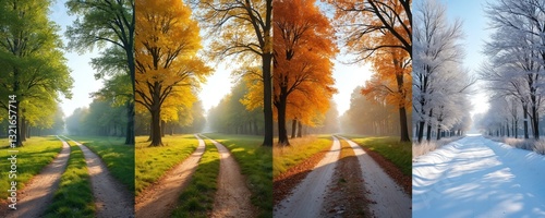 Four season collage with road path in landscape. Nature photo of spring, summer, autumn, winter. Colorful background with trees, grass, snow. Seasonal cycle, time change concept with journey, trip,