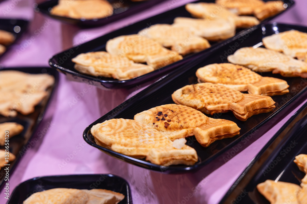 Freshly baked taiyaki fish-shaped pastries with a golden crispy crust are arranged on black trays served as a traditional Japanese street food dessert with various sweet fillings Freshly baked taiyaki fish-shaped pastries with a golden crispy crust are arranged on black trays served as a traditional Japanese street food dessert with various sweet fillings