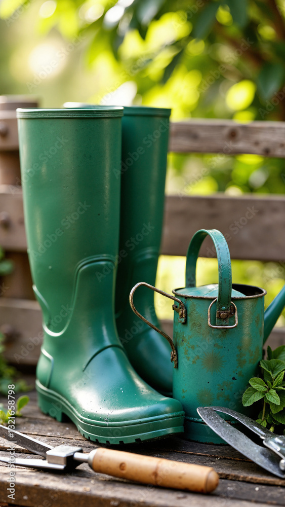 Vibrant Green Garden Boots and Tools Isolated on Transparent Background for Gardening Promotions Vibrant Green Garden Boots and Tools Isolated on Transparent Background for Gardening Promotions
