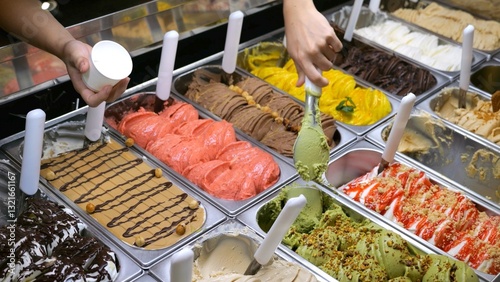 Ice cream vendor serving a scoop of pistachio ice cream with a spatula, adding it to a cup in a display fridge full of different ice cream flavors