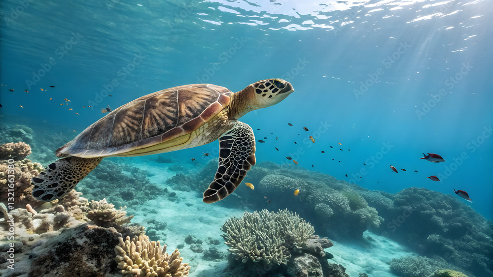 Obraz premium turtle with fishes in the background - Clear Sea Water- ocean floor - marine life 