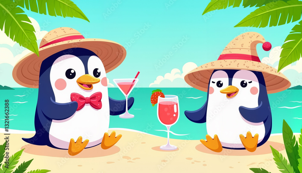 Two pretty penguins in straw hats drinking cocktails at the tropical beach