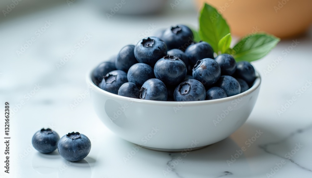 Radiant Blueberries in Perfect White Bowl on Sleek Marble Countertop. A white bowl filled with blueberries sitting on top of a table. Radiant Blueberries in Perfect White Bowl on Sleek Marble Countertop. A white bowl filled with blueberries sitting on top of a table.