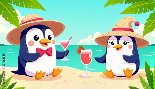 Obraz na płótnie Two pretty penguins in straw hats drinking cocktails at the tropical beach w salonie