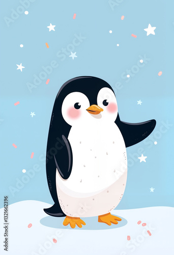 Pretty cartoon penguin agaisnt the blue background with stars