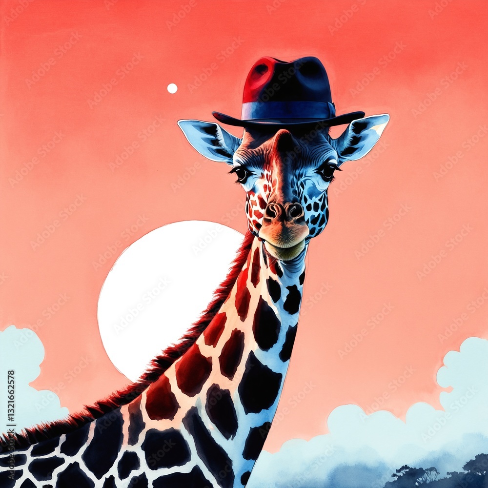 Funny giraffe in hat in african savannah.